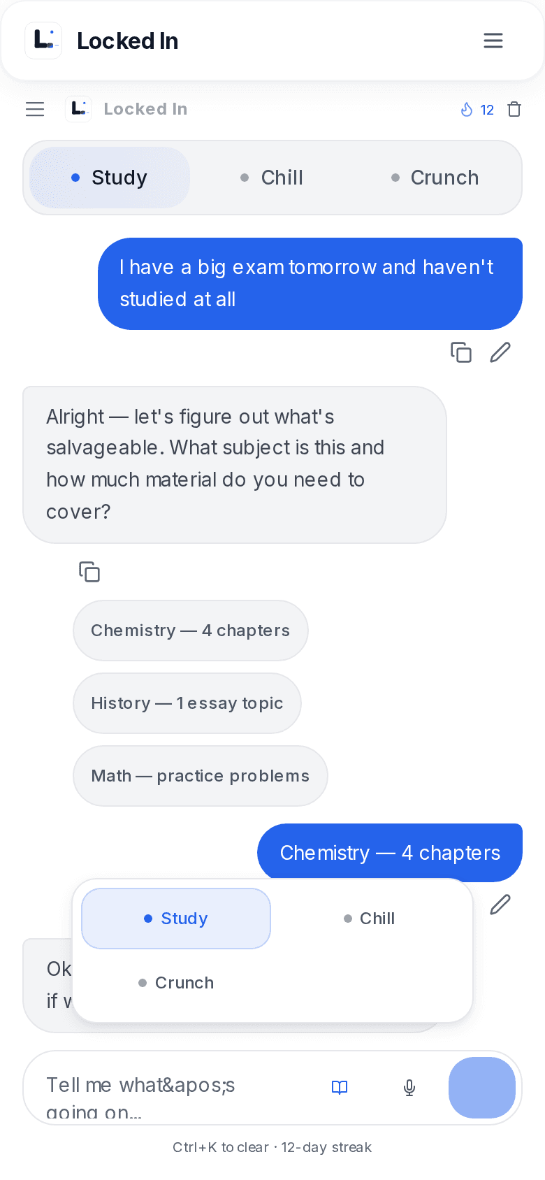 The Locked In mode picker: Study, Chill, Crunch