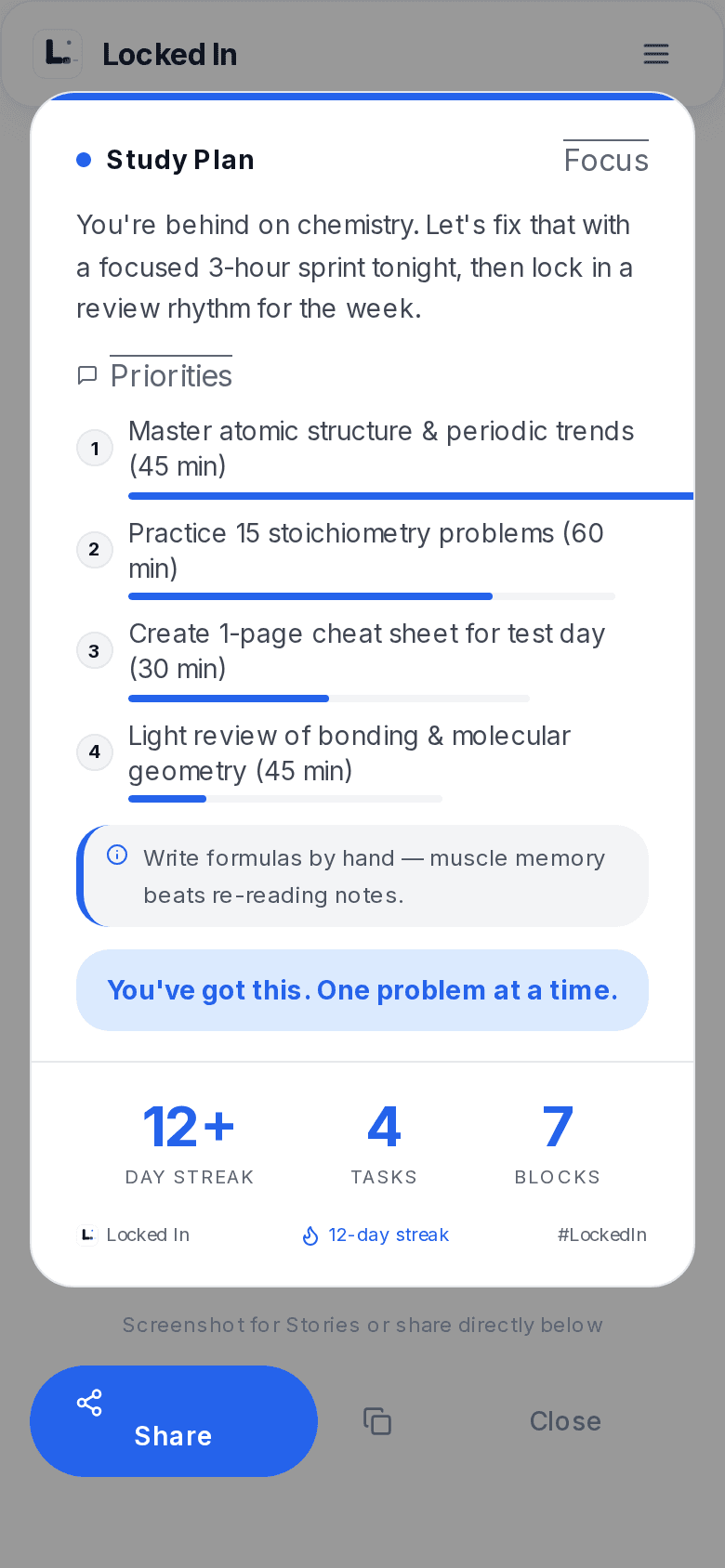 A shareable Locked In plan card with a 12-day streak