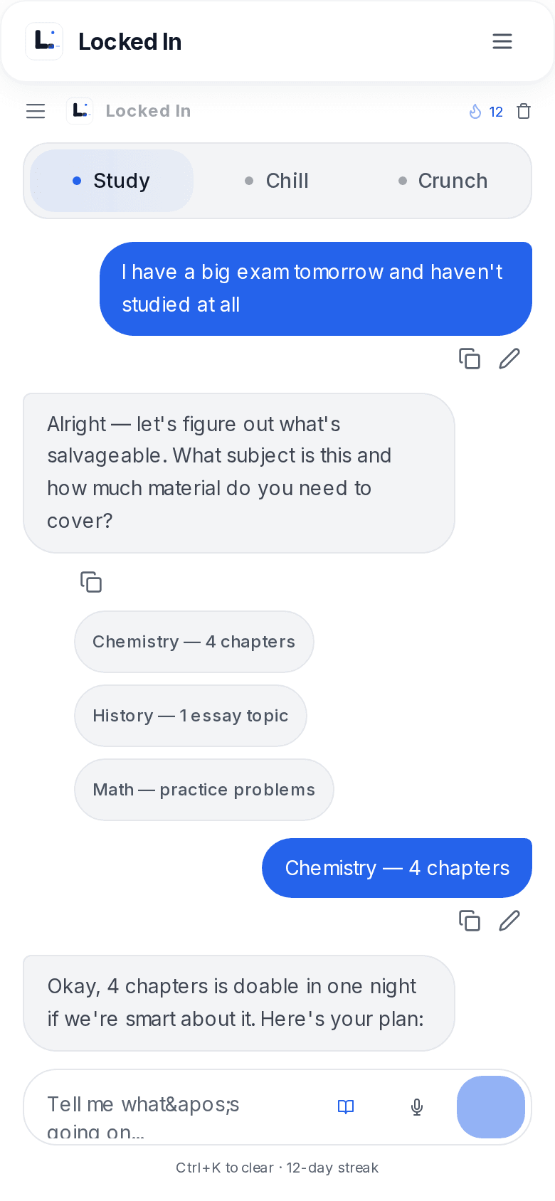 Locked In chat turns a stress dump into a timed study plan